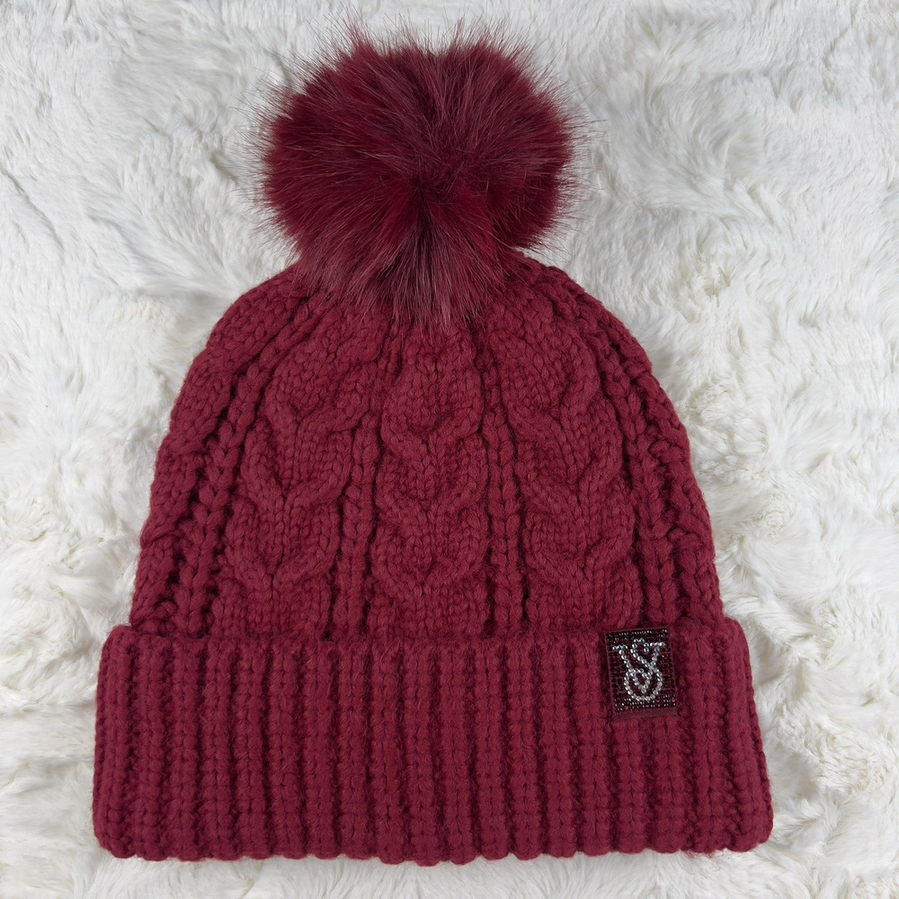 Victoria’s Secret Beanie‎ Hat Women’s Burgundy Cozy Cable-Knit Pom Pom NWT